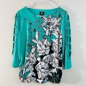 JM Collection Printed Ladder Sleeve Tunic Lucia Line Women Size PL Teal/White